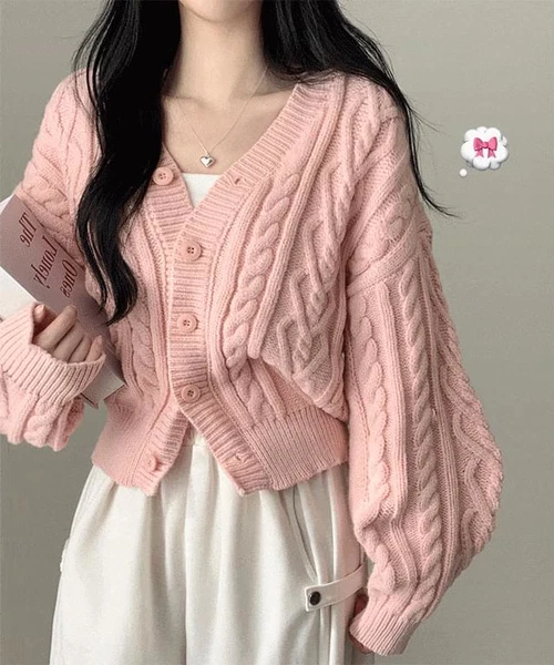 츄러스 브이넥 아크릴 레이어드 꽈배기 오버핏 니트 가디건